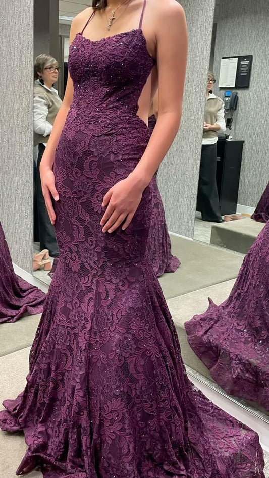 Vintage Purple Halter Lace Mermaid Long Party Dress Evening Gowns SP4169