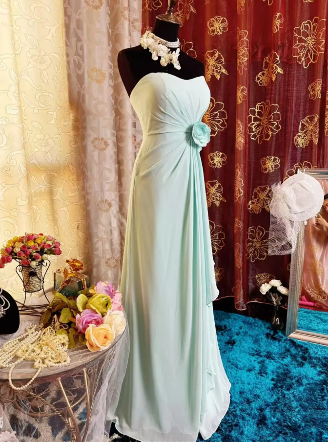 Classy Blue Strapless Chiffon Long Party Dress Birthday Dress With Floral SP1952