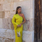 One Shoulder Sexy Women Dress Summer Fashion Solid Yellow Batwing Long Sleeve Ladies Split Robe Femme Prom Dress  Y5043