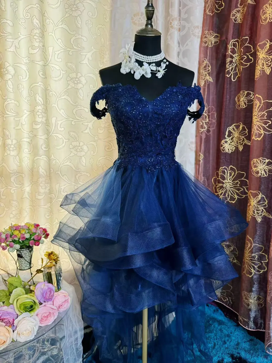 Vintage Off The Shoulder Navy Blue Tulle Appliques Short Homecoming Dress Birthday Outfits SP79