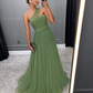 Green Long A-line Prom Dress,Trendy Tulle Formal Evening Dresses Y5271