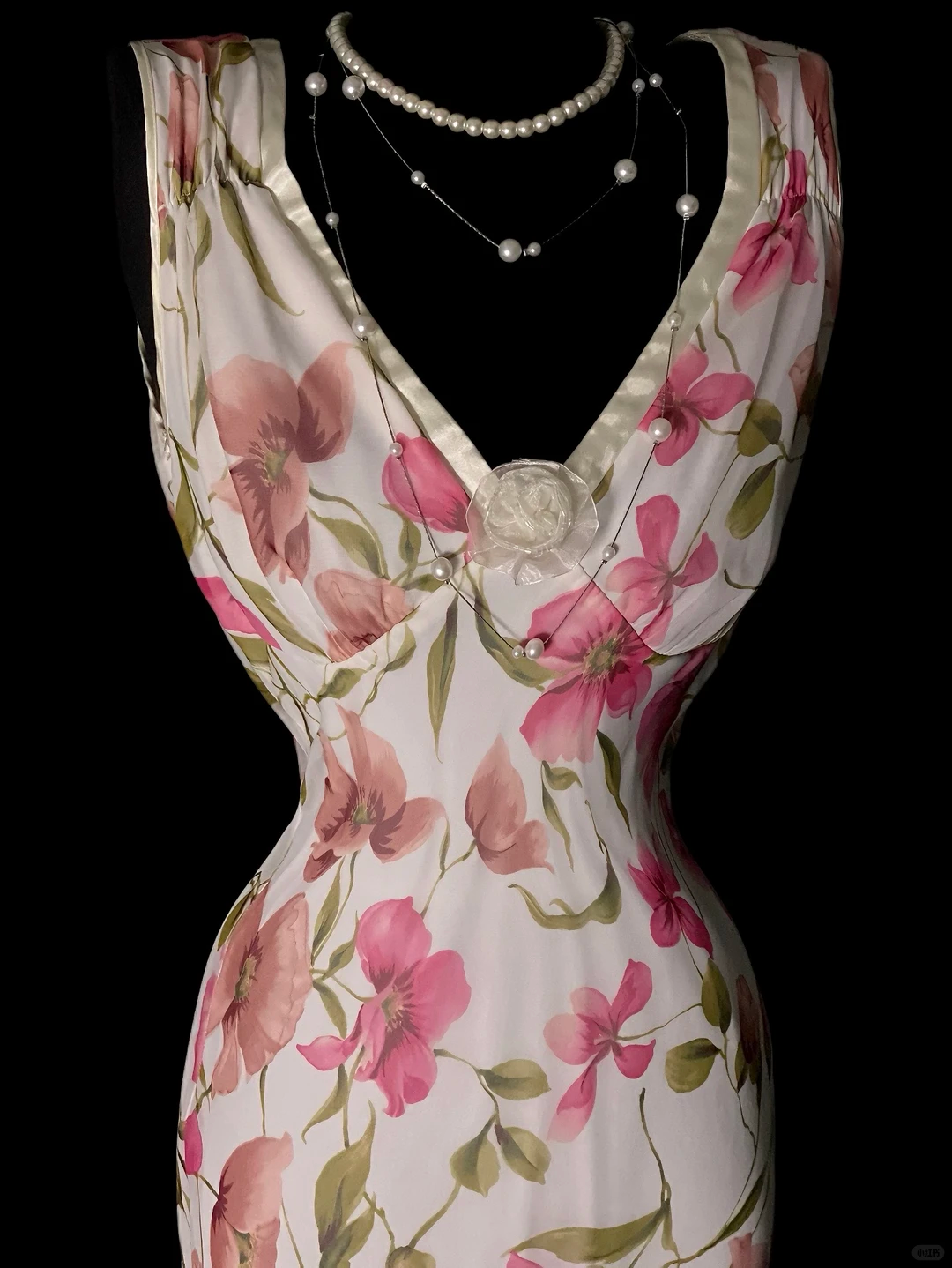Charming Pink V Neck Chiffon Print Floral Ruffles Mermaid Long Prom Dress Party Dress SP4076