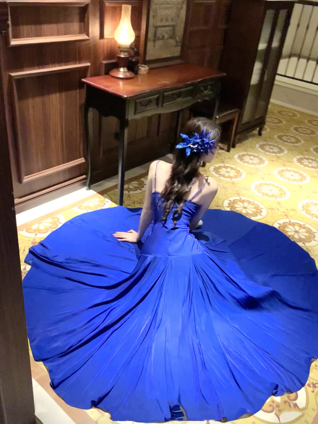 Unique Spaghetti Straps Royal Blue Pleated Satin Long Party Dress 19th Birthday Outfits SP2014