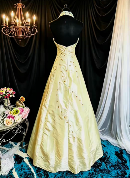 Charming Halter Ball Gown Yellow Satin Beaded Long Prom Dress Evening Gowns With Wrap SP2379