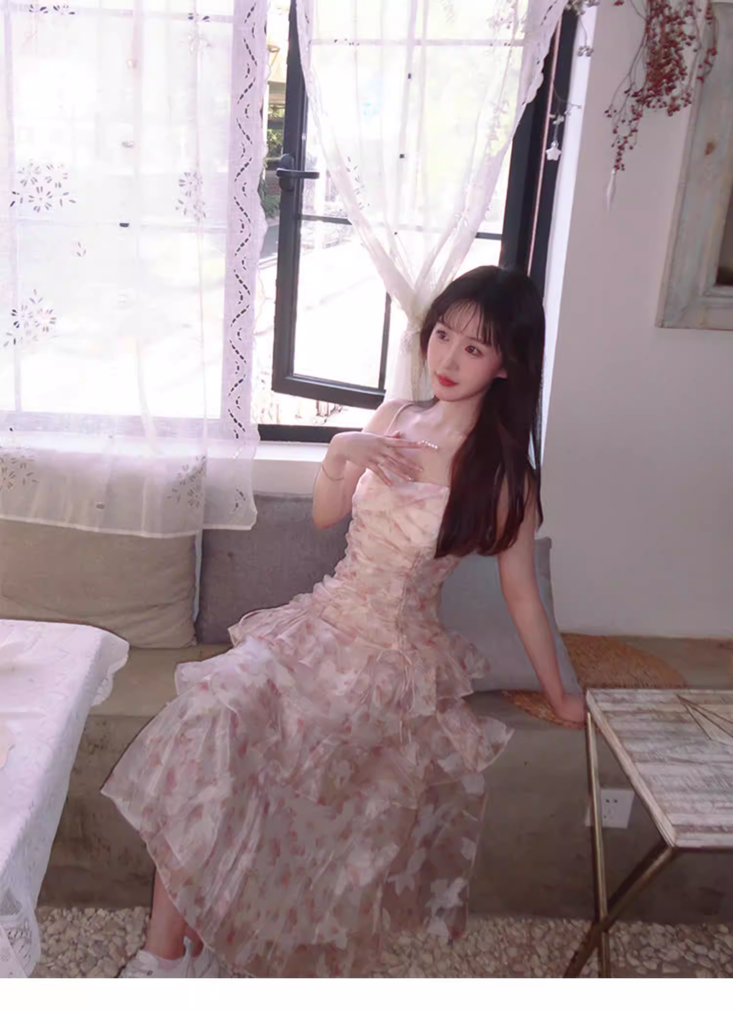 Charming Pink Chiffon Print Floral layered Ruffles Mermaid Party Dress Formal Birthday Prom Dresses SP2000