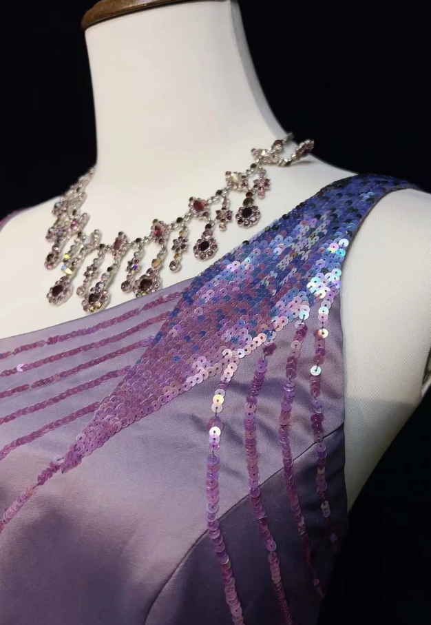 Classy Purple Satin Sequin A Line Long Wedding Guest Dress Formal Birthday Party Dress SP1854