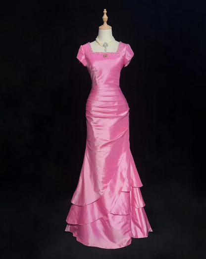 Sweet Square Neck Pink Satin Layered Mermaid Long Party Dress Birthday Prom Dress SP1855