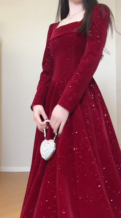 Pretty Square Neck Red Velvet Sequin A Line Birthday Outfits Formal Long Evening Gown SP623