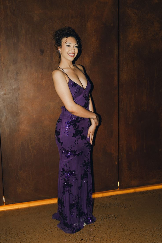 Sexy Purple V Neck Chiffon Sequin Mermaid Long Party Dress Formal Wedding Guest Dress SP2112