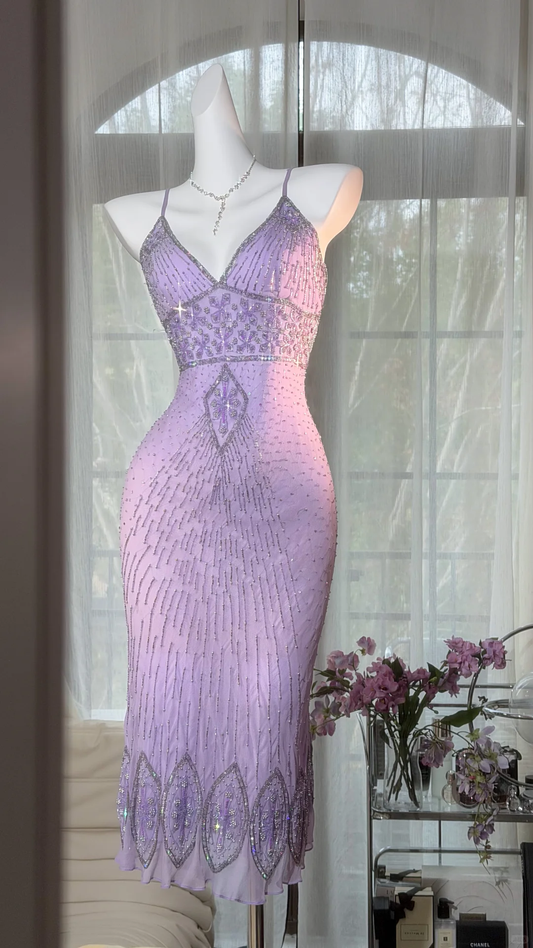 Sexy Spaghetti Straps V Neck Chiffon Beaded Sheath Birthday Dress Lavender Midi Evening Dress SP2185