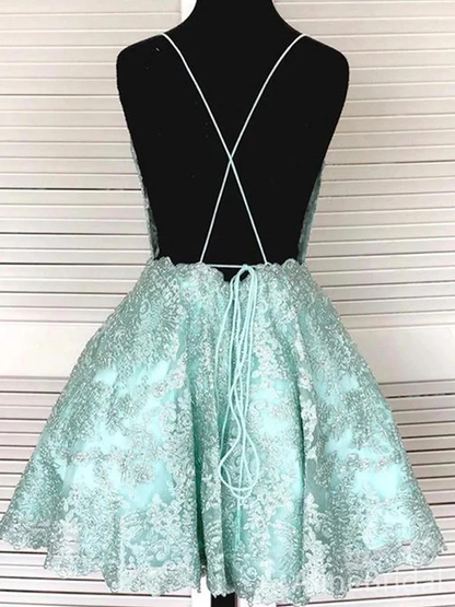 Classy Mint Green Satin Lace Short Graduation Homecoming Dress,Spaghetti Straps A Line Backless Mini Birthday Dress SP3363