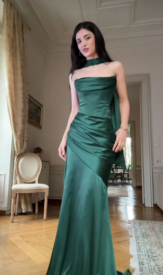 Vintage Green strapless Satin Pleated Mermaid Long Wedding Guest Dress Evening Dress SP977