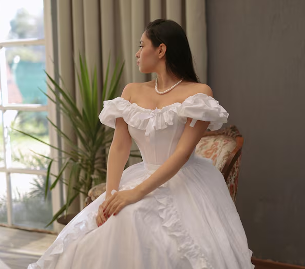 Vintage Off The Shoulder White Satin Ruffles Wedding Dress Long Bridal Dress SP2104