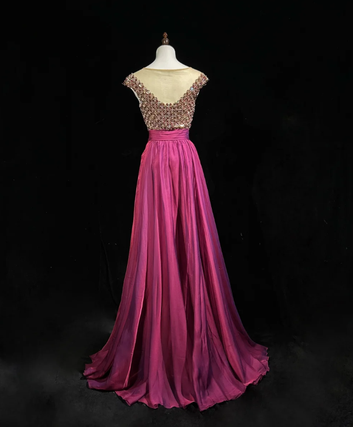 Luxurious Sleeveless Fuchsia Satin Beaded Long Party Dress Formal Evening Dress SP1861