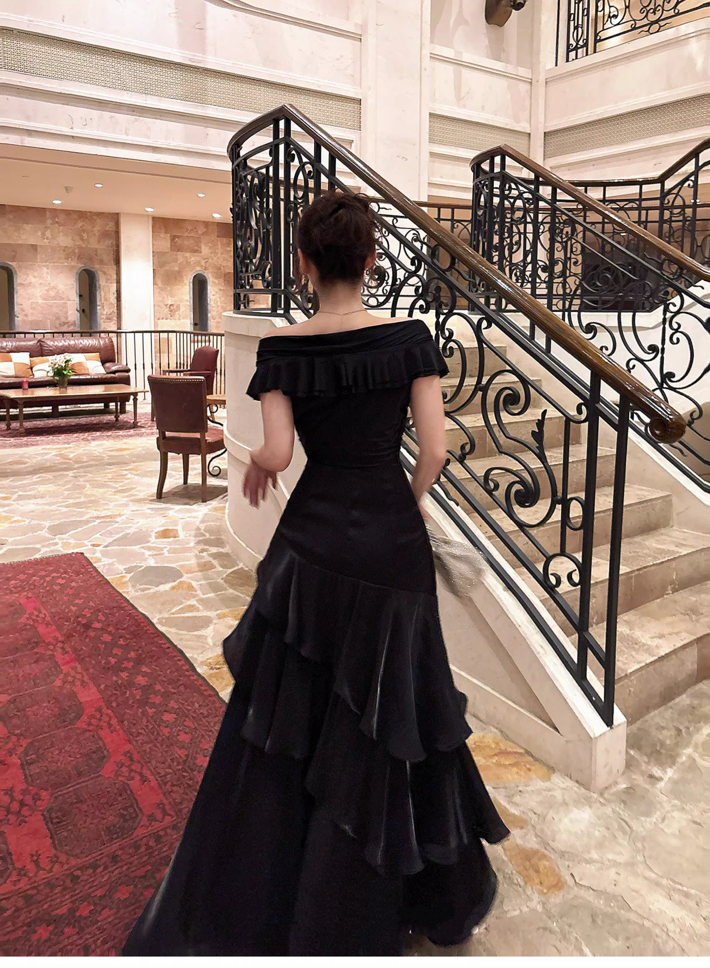 Gorgeous Off The Shoulder Satin Ruffles Layered Mermaid Long Party Dress Black Wedding Guest Dress SP1977