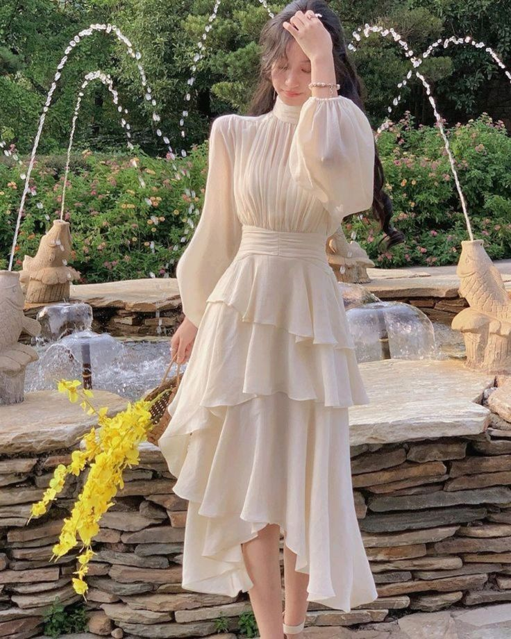 Elegant Women Irregular Ruffle Patchwork Dress Lantern Sleeve Stand Ne –  Simplepromdress