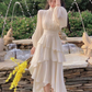 Elegant Women Irregular Ruffle Patchwork Dress Lantern Sleeve Stand Neck Pleated Prom Dress Y4779