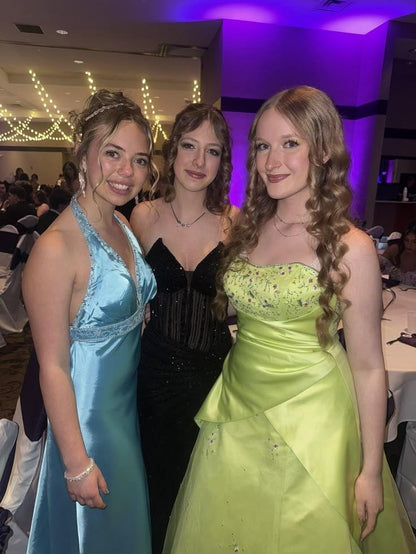 Elegant Halter V Neck Satin Beaded Long Prom Dress Blue Long Party Gown SP3757