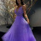 Simple A-line V Neck Purple Long Evening Dress  Y5098