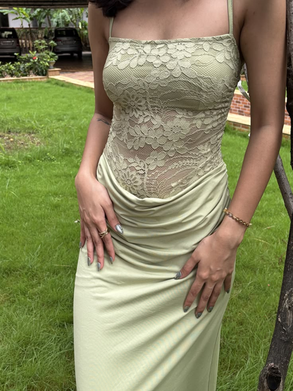 Pretty Green Lace Satin Sheath Long Prom Dress Birthday Evening Dress SP3938