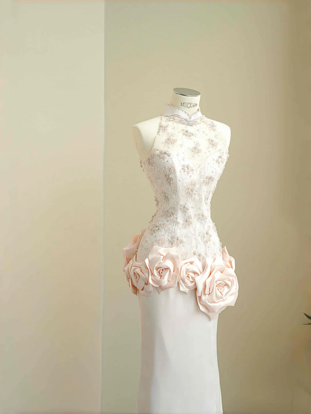 Elegant Light Pink Satin Lace Sequin Beaded Evening Dress,Slit Mermaid Prom Dress Y8672