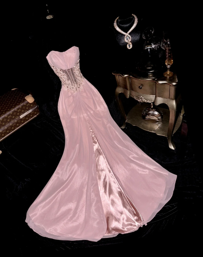 Pretty Strapless Pink Slit Mermaid Long Evening Dress Birthday Outfits SP876