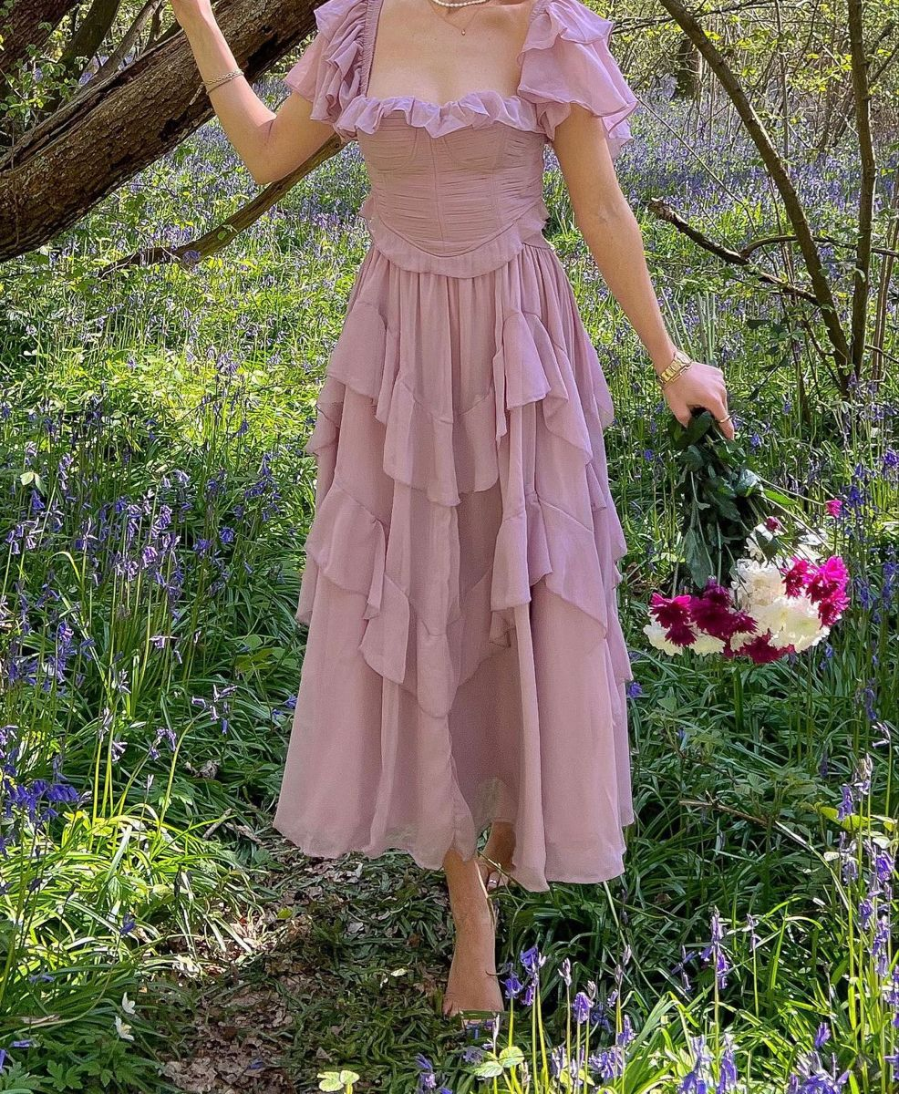Elegant Lilac Square Chiffon Ruffled A Line Long Party Dress Birthday Dress SP2314