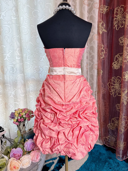 Vintage Strapless Peach Pink Satin Pleated Short Homecoming Dress 20th Birthday Outfits SP84