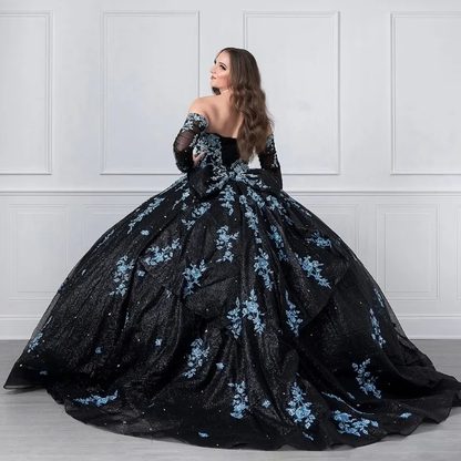 long sleeve black quinceanera dresses Black Tulle A Line Quinceanera Dresses With Long Lace Sleeve Custom Made Women Pageant P on Luulla