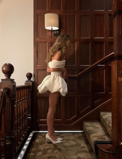White Off The Shoulder Satin A Line Homecoming Dress Mini Prom Dress  Y8420
