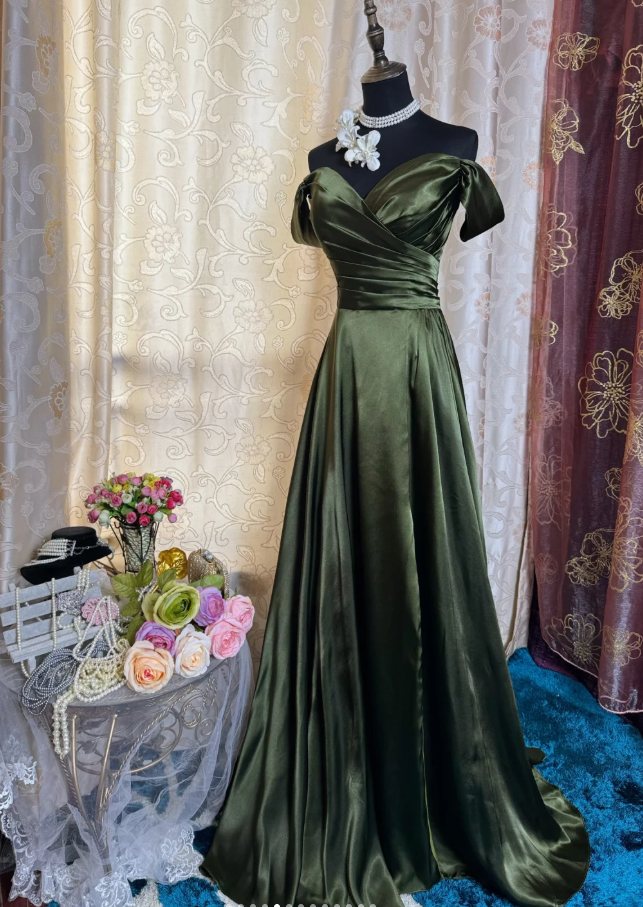 Classy Off The Shoulder Olive Green Satin Pleated Slit Long Evening Dress Formal Wedding Guest  Dress SP1889