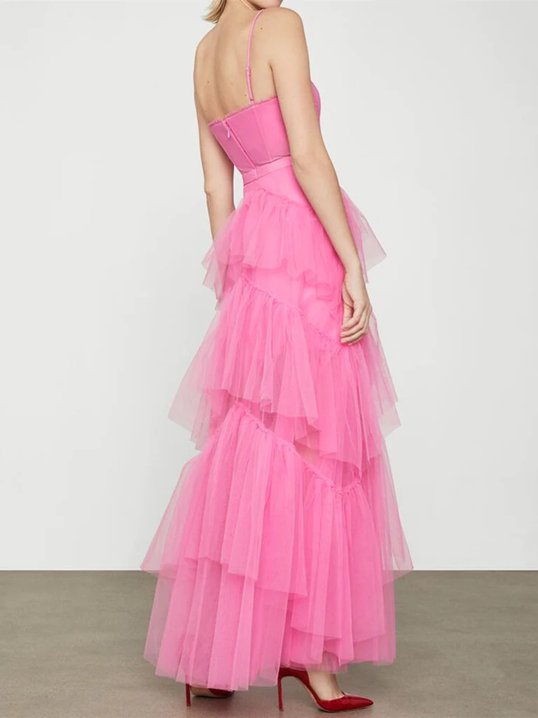 Elegant Open Back Layered Hot Pink Tulle Long Prom Dresses, Hot Pink Tulle Formal Graduation Evening Dresses Y2114
