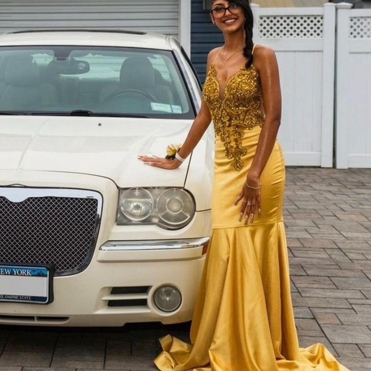 Gorgeous Spaghetti Straps Yellow Satin Beaded Appliques Mermaid Long Party Dress Birthday Dress SP2283