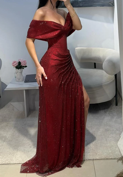 Pretty Off-Shoulder Burgundy Sequin Pleated Slit Mermaid Long Party Dress SP4208