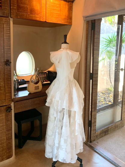 Classy Halter V Neck White Lace Hi-Low Party Dress Long Wedding Guest Dress SP2363