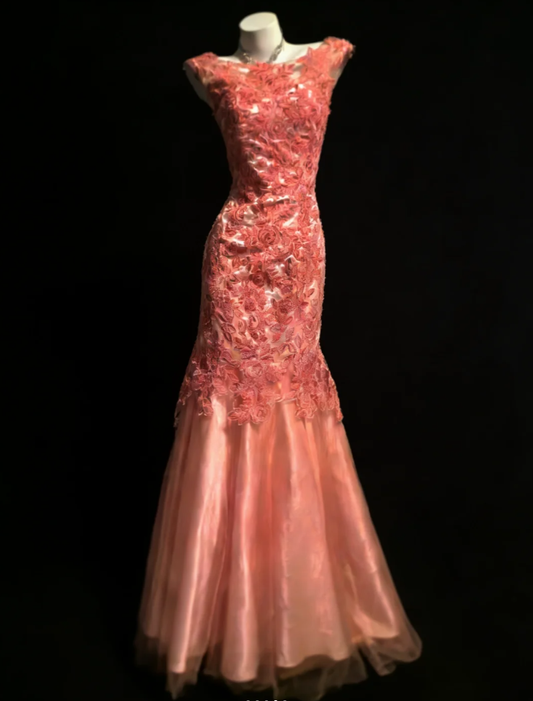 Pretty Rose Pink Sleeveless Tulle Rose Floral Lace Mermaid Long Party Dress Evening Gown SP1588