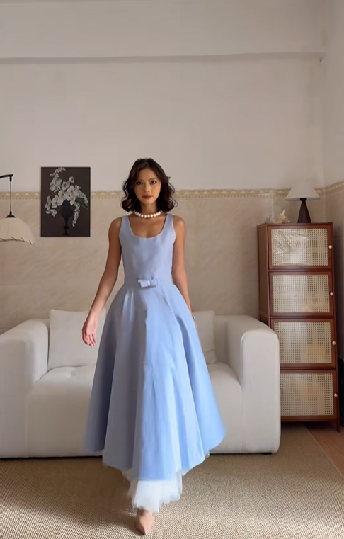 Classy Blue Satin Tulle A Line Long Party Dress Birthday Prom Dresses SP2072