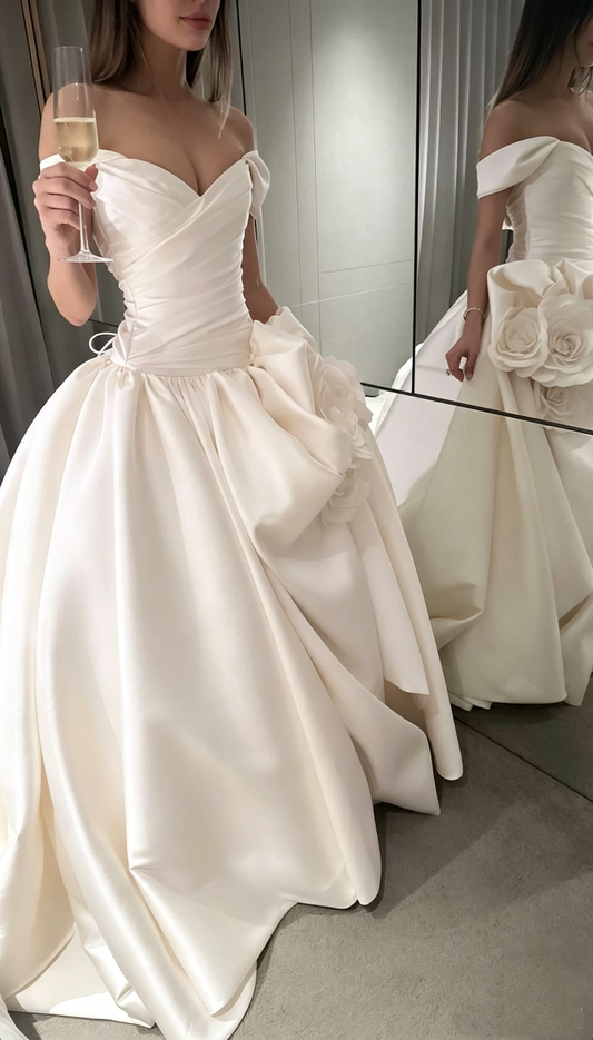 Elegant Off The Shoulder White Satin 3D Floral Long Wedding Dress Bridal Dress SP3712