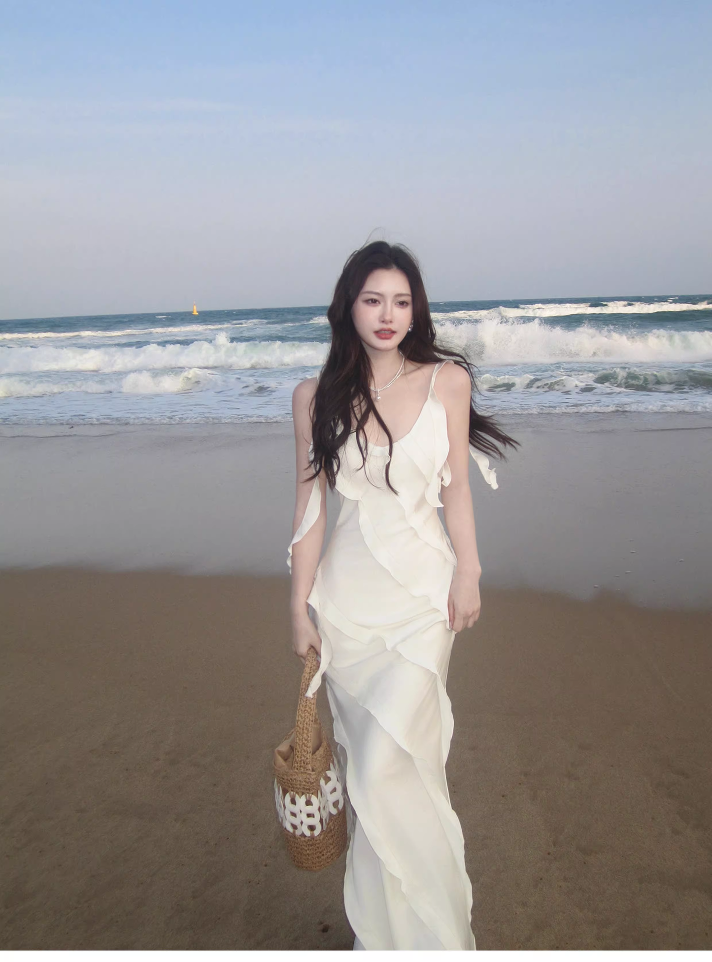 Classy V Neck White Satin Ruffles Mermaid Long Party Dress Formal Wedding Guest Dress SP1974