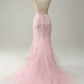 Mermaid Spaghetti Straps Light Pink Long Prom Dress with Appliques Y4466