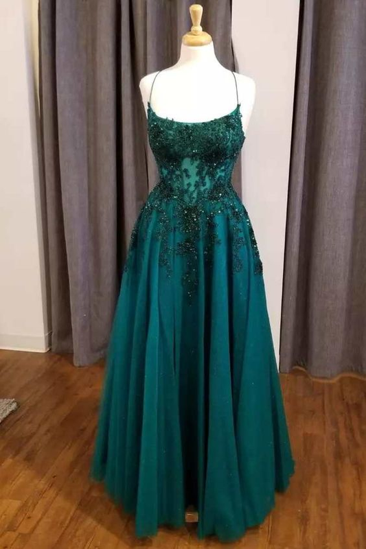 Hunter Green Floral Lace Scoop Neck A-Line Prom Dress Y5744