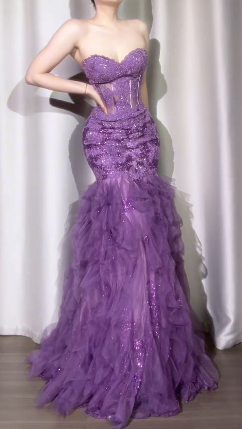Glamorous Strapless Purple Tulle Lace Sequin Mermaid Evening Dress Long Birthday Party Dress SP1682