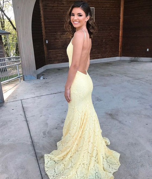 Sexy Mermaid Backless Lace Yellow Prom Dress Y7312