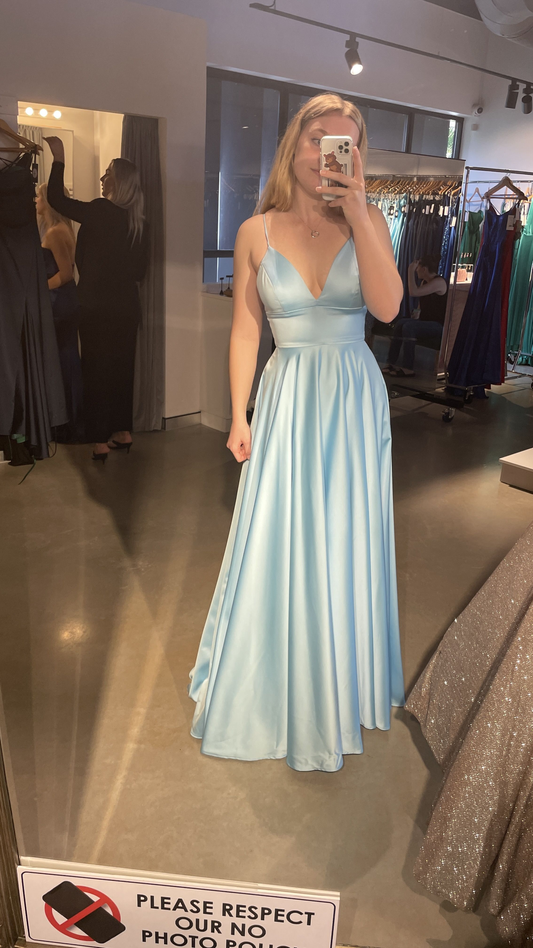 Classic Blue Spaghetti Straps V Neck Prom Dress,Blue Satin Graduation Dress Y4791