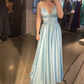 Classic Blue Spaghetti Straps V Neck Prom Dress,Blue Satin Graduation Dress Y4791