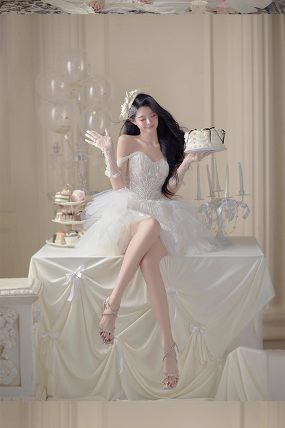 Pretty White Tulle Lace Short Formal 18th Birthday Outfits Homecoming Dress With Gloves Y9364