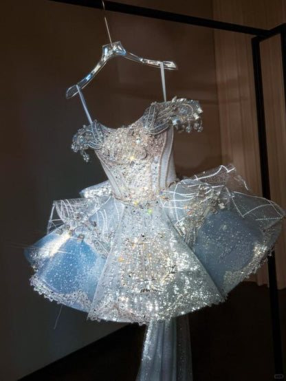 Glitter Off The Shoulder Blue Sequin Tulle Beaded A Line Short Homecoming Dress Birthday Outfits With Bow SP3146