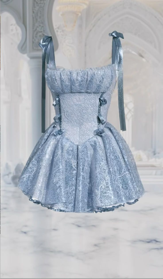 Pretty A Line Spaghetti Straps Blue Lace Short Homecoming Dress  Y8797