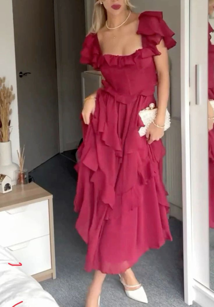 Elegant Lilac Square Chiffon Ruffled A Line Long Party Dress Birthday Dress SP2314