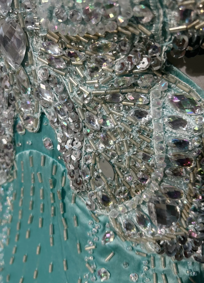 Gorgeous Green Spaghetti Straps Satin Beaded Mermaid Party Dress Backless Long Prom Gown SP1283